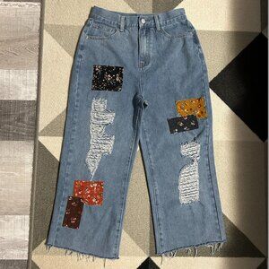 Cider Patchwork Distressed Raw Hem Cropped Jeans Women's Size M